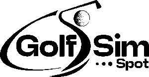 Black and white logo with the words Golf Sim Spot. The letter G forms part of a golf club, striking a golf ball in motion—perfect for virtual golf or indoor golf fans—with three dots under the word Sim.