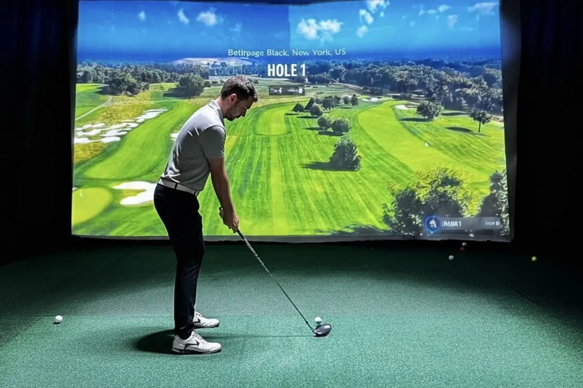 Self-serve 24/7 simulator bay at TeeTime Indoor Golf in Glenview, Illinois