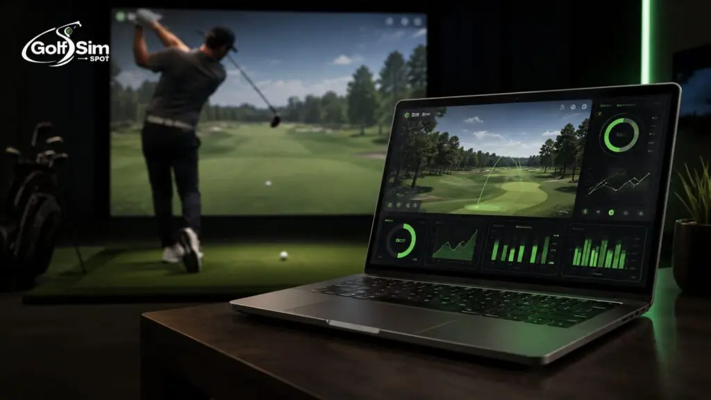 Gaming laptop showing golf simulator software data next to a home simulator screen