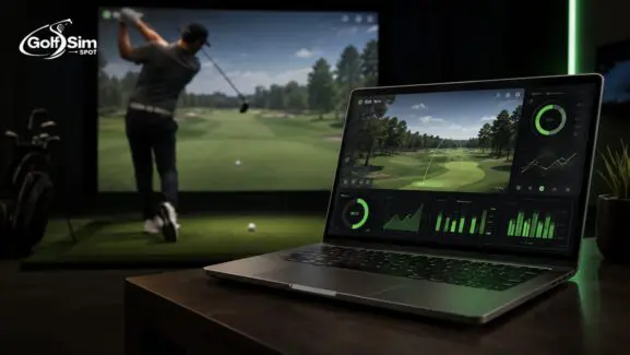 Gaming laptop showing golf simulator software data next to a home simulator screen