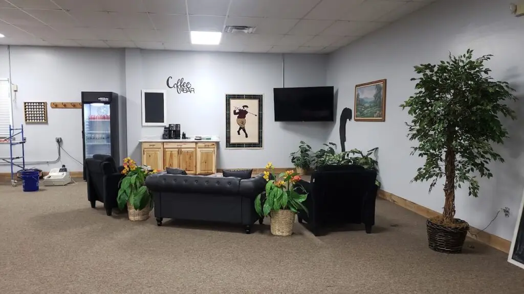 Lounge and coffee bar at Clubhouse Simulators in West Newton, Pennsylvania