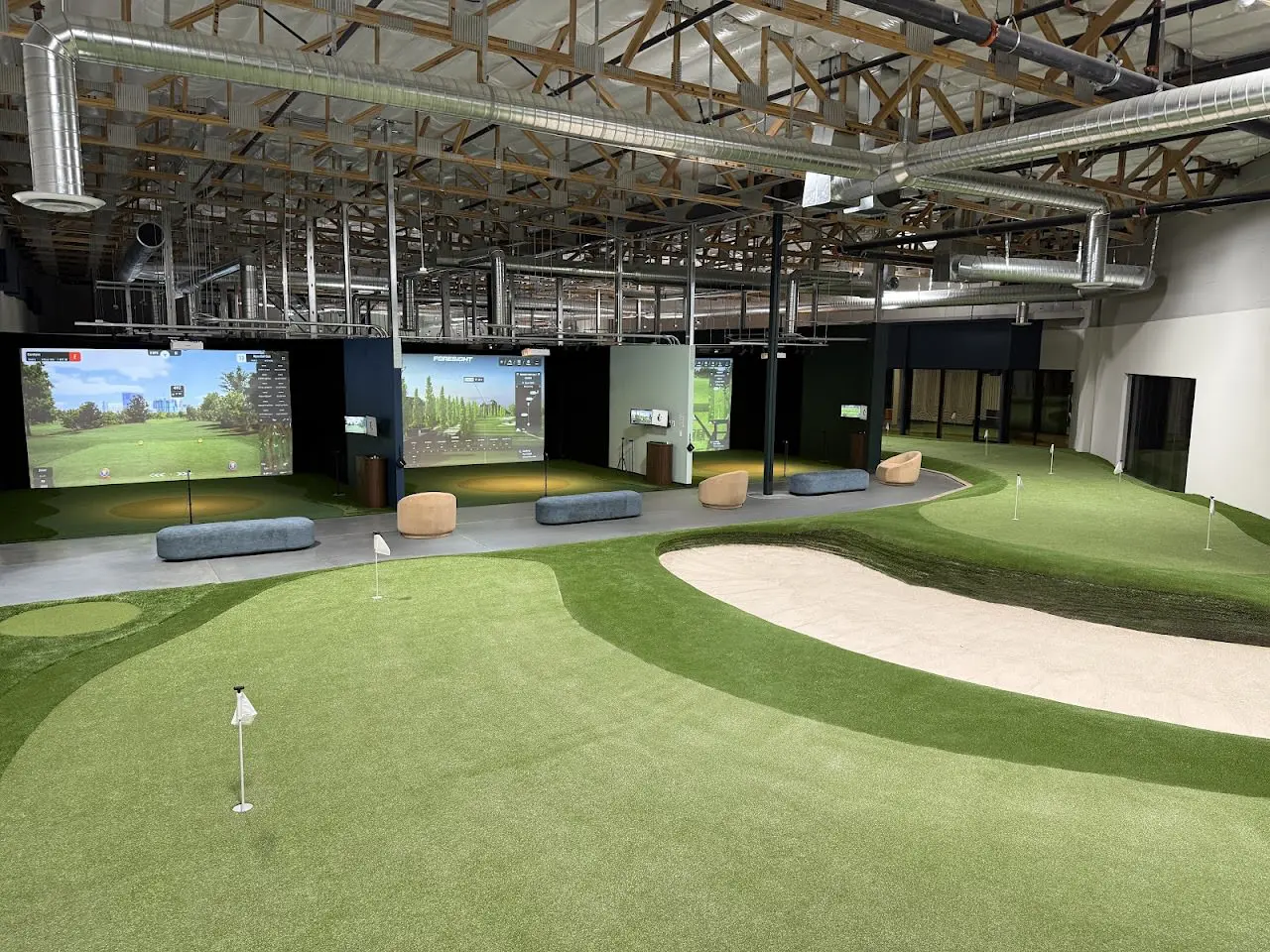 Foresight Falcon training bays and short game area at Gretsch Golf Academy on Dean Martin Drive, Las Vegas