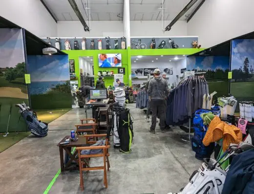 Shop floor with sim bay behind at Rocky Mountain Golf Company in Bozeman, MT