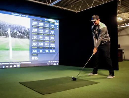 Golfer at the sim screen at South Metro Indoor Golf Club in Burnsville, MN