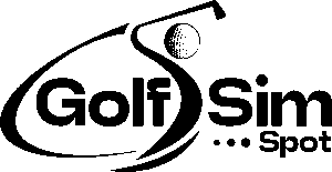Black and white logo with the words Golf Sim Spot. The letter G forms part of a golf club, striking a golf ball in motion—perfect for virtual golf or indoor golf fans—with three dots under the word Sim.