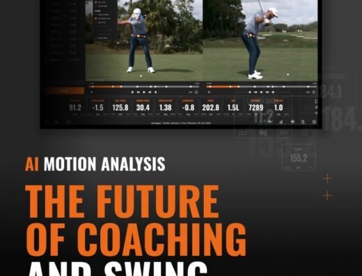 A screen shows a golfer’s swing being analyzed with motion data and statistics. Bold text reads: “AI Motion Analysis. The Future of Coaching and Swing Analysis.”.