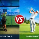 Side-by-side comparison: a person playing golf indoors with a simulator on the left, and a person swinging a golf club on a sunny outdoor golf course on the right. A VS symbol is in the center.
