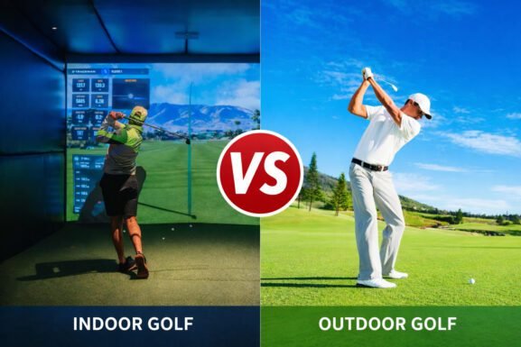 Side-by-side comparison: a person playing golf indoors with a simulator on the left, and a person swinging a golf club on a sunny outdoor golf course on the right. A VS symbol is in the center.