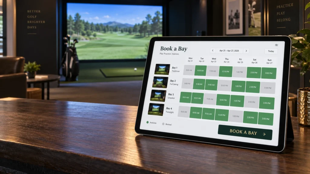 Tablet on a counter showing a golf simulator bay booking calendar, with a simulator bay in the background